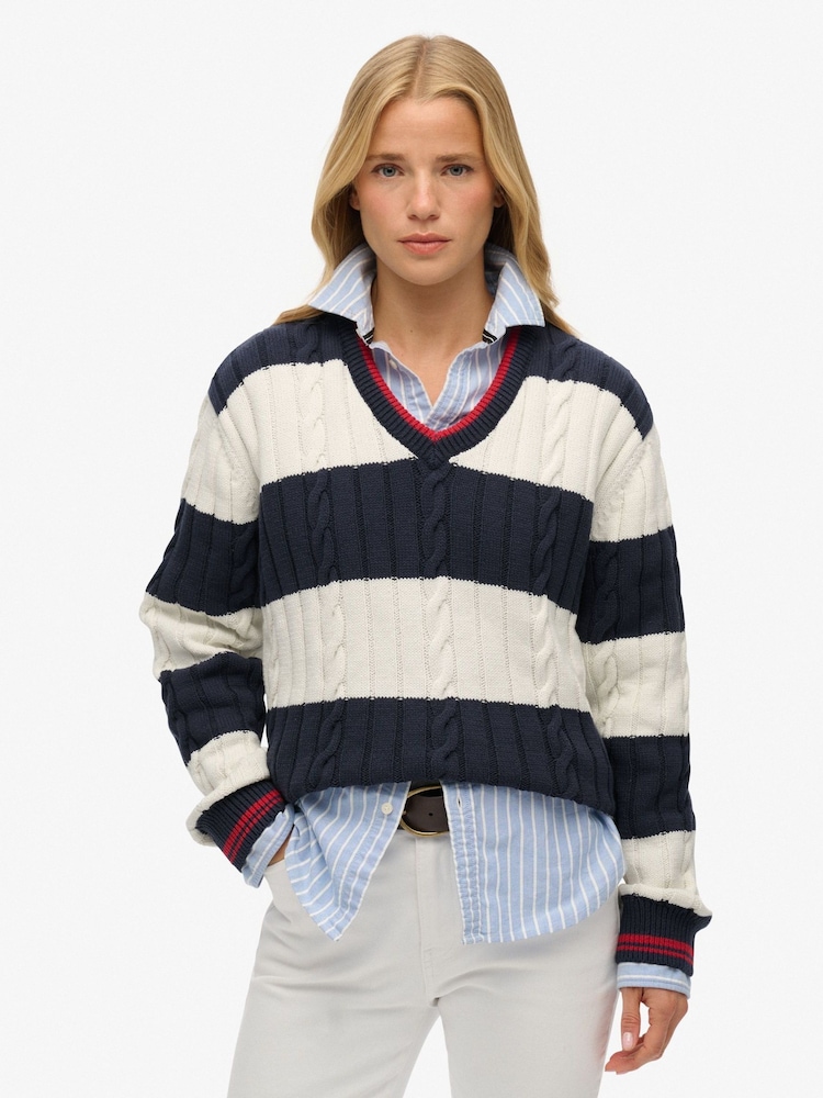 Superdry Blue Oversized Stripe Cable V-Neck Jumper - Image 1 of 5