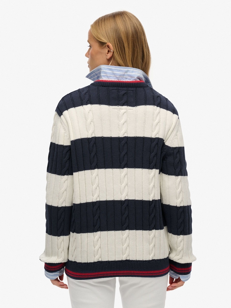 Superdry Blue Oversized Stripe Cable V-Neck Jumper - Image 2 of 5 Superdry Blue Oversized Stripe Cable V-Neck Jumper - Image 2 of 5