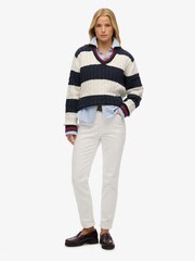 Superdry Blue Oversized Stripe Cable V-Neck Jumper - Image 3 of 5