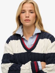 Superdry Blue Oversized Stripe Cable V-Neck Jumper - Image 4 of 5