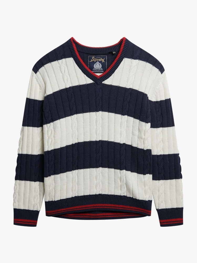 Superdry Blue Oversized Stripe Cable V-Neck Jumper - Image 5 of 5