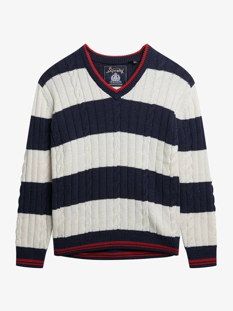 Superdry Blue Oversized Stripe Cable V-Neck Jumper - Image 5 of 5 Superdry Blue Oversized Stripe Cable V-Neck Jumper - Image 5 of 5
