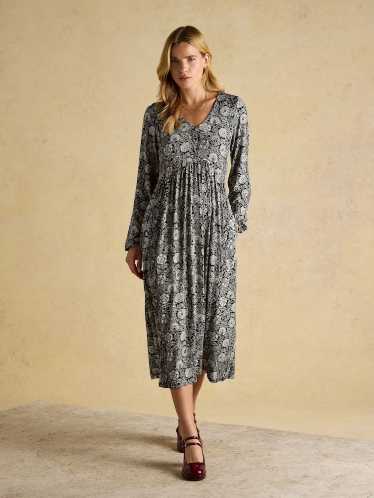 Joules Nia Black Floral V-neck Long Sleeve Midaxi Dress - Image 1 of 8 Joules Nia Black Floral V-neck Long Sleeve Midaxi Dress - Image 1 of 8