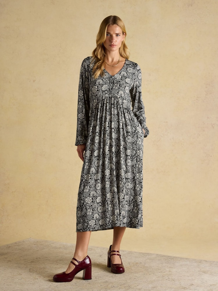 joules grey floral dress Joules Womens Valerie Tie Neck Woven Dress - Grey Bird Floral