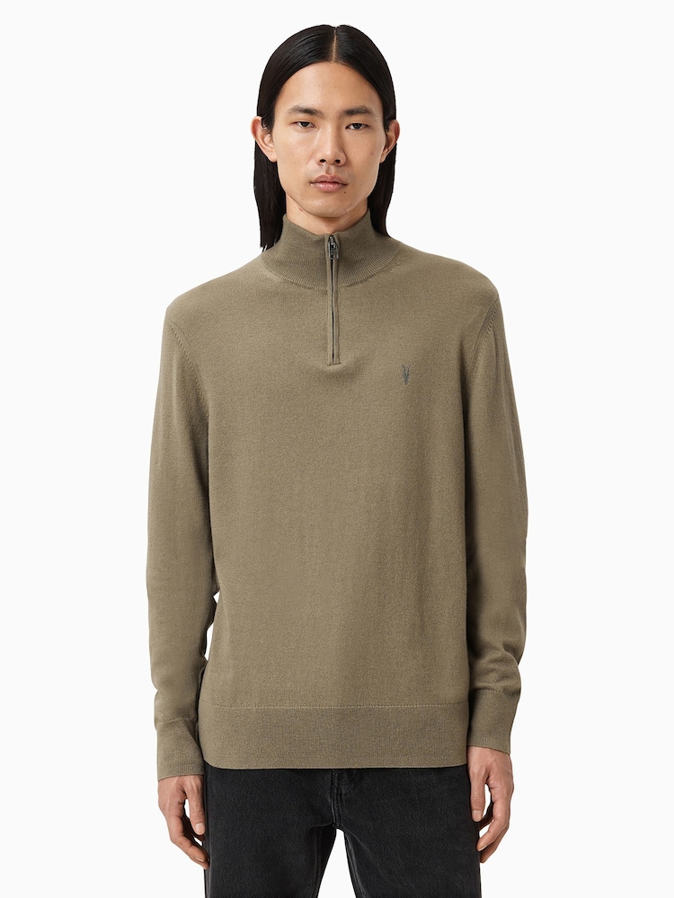 AllSaints Green Kilburn Zip Funnel Jumper - Image 1 of 6