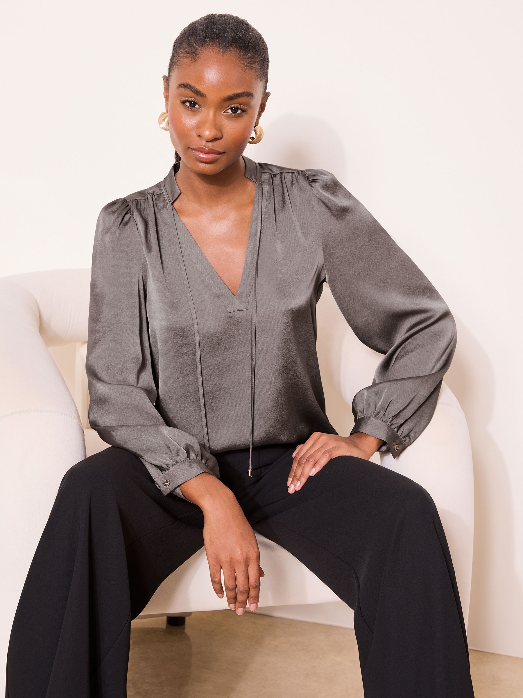 Buy Lipsy Grey Satin V-Neck Tie Blouse from the Next UK online shop