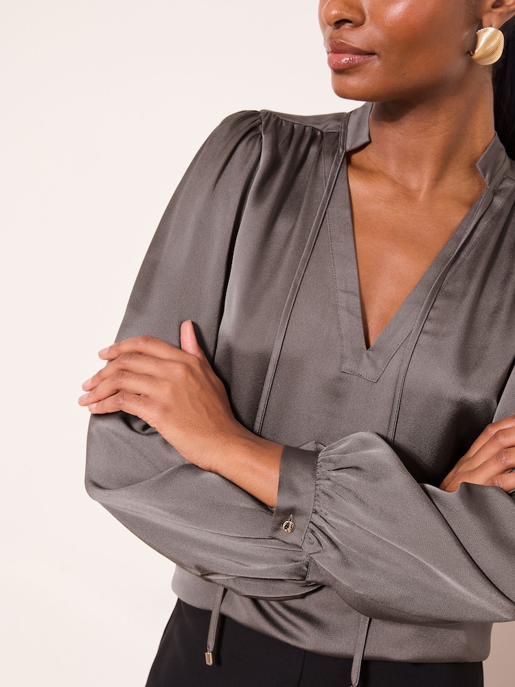 Lipsy Grey Satin V-Neck Tie Blouse - Image 2 of 4
