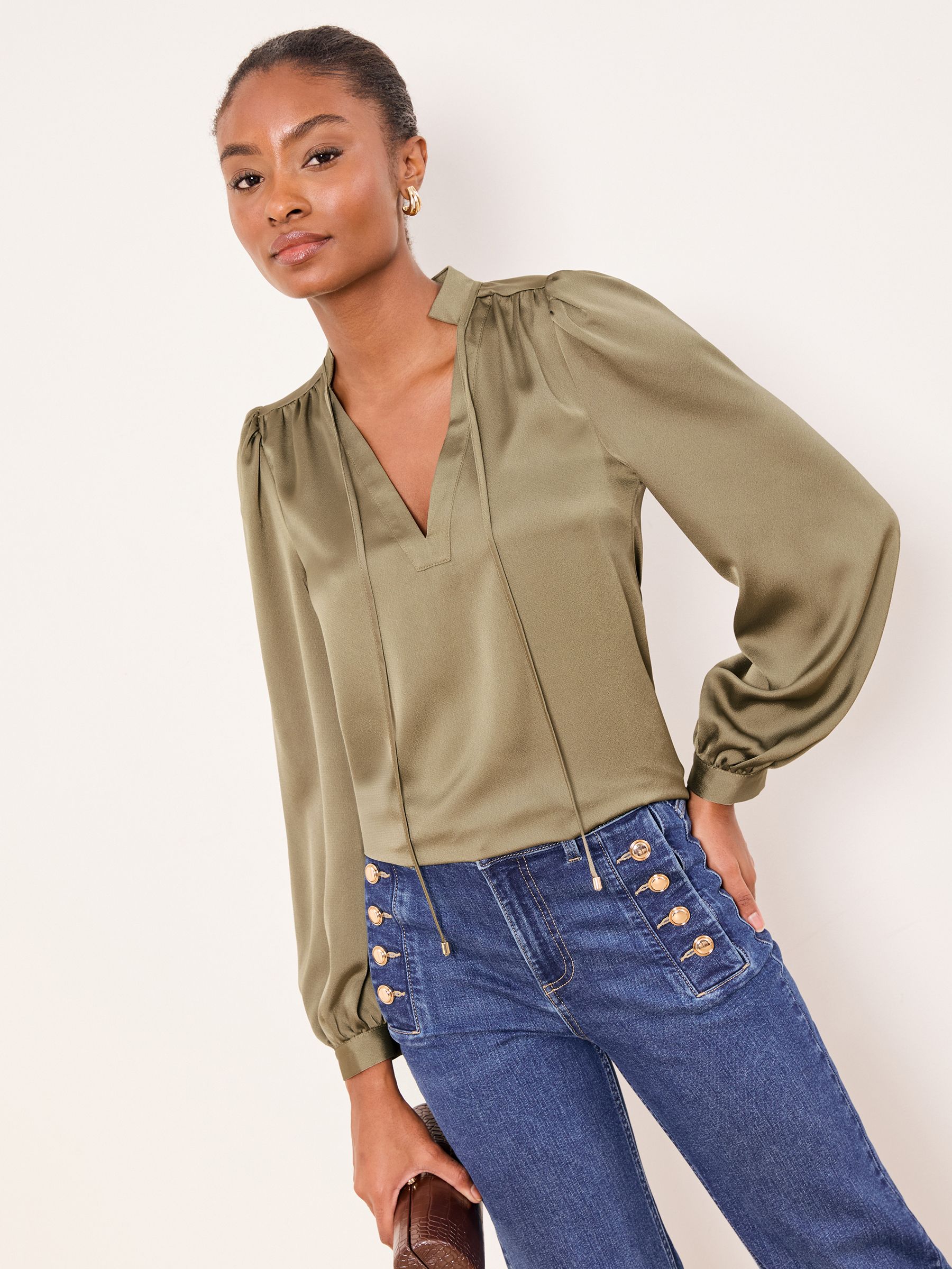 Buy Lipsy Khaki Green Satin V-Neck Tie Blouse from the Next UK online shop