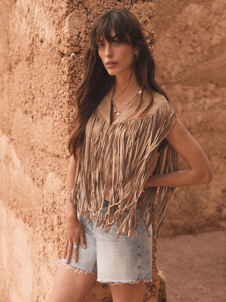 Mint Velvet Natural Suede Fringed Waistcoat - Image 2 of 8