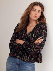 Mint Velvet Black Rose Print Tie Front Top - Image 1 of 8