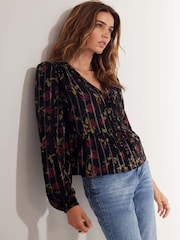 Mint Velvet Black Rose Print Tie Front Top - Image 2 of 8