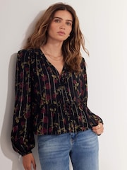 Mint Velvet Black Rose Print Tie Front Top - Image 5 of 8
