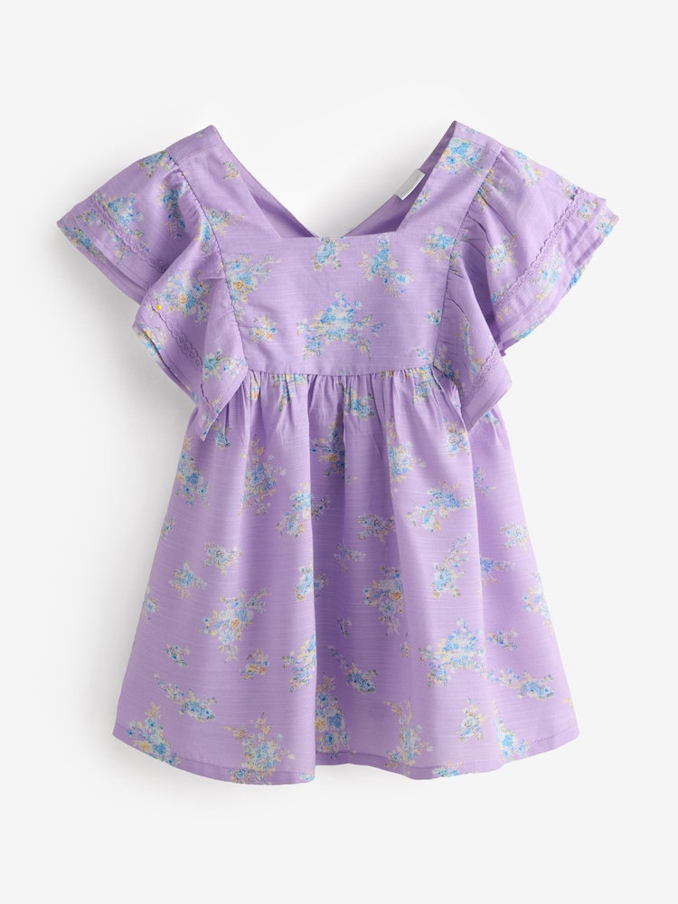 Lilac Purple Floral Print Frill Sleeve Dress - Image 1 of 1 Lilac Purple Floral Print Frill Sleeve Dress - Image 1 of 1