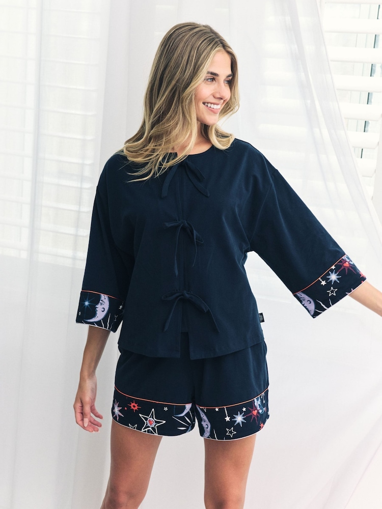 Chelsea Peers Blue Cotton Mystic Moon Print Tie-Front Short Pyjamas Set - Image 2 of 5