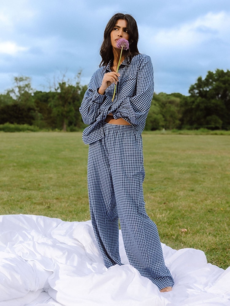 Chelsea Peers Blue Cotton Gingham Check Long Pyjamas & Scrunchie Set - Image 1 of 5