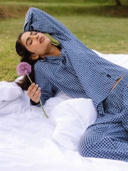 Chelsea Peers Blue Cotton Gingham Check Long Pyjamas & Scrunchie Set - Image 3 of 5