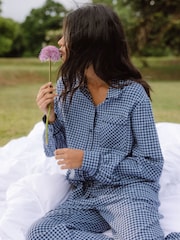 Chelsea Peers Blue Cotton Gingham Check Long Pyjamas & Scrunchie Set - Image 4 of 5