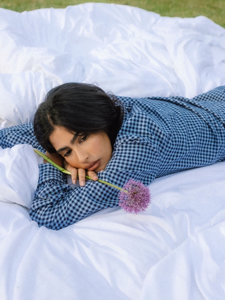 Chelsea Peers Blue Cotton Gingham Check Long Pyjamas & Scrunchie Set - Image 5 of 5