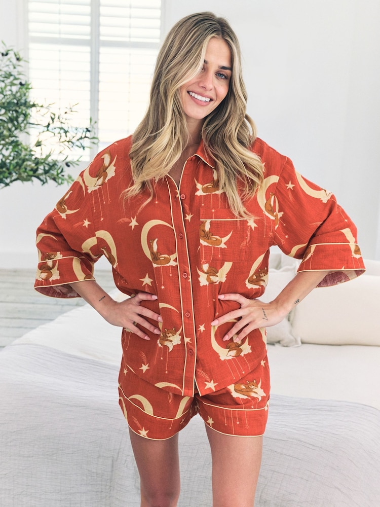 Chelsea Peers Orange Cotton Cheesecloth Lunar Foxes Short Pyjamas Set - Image 2 of 5