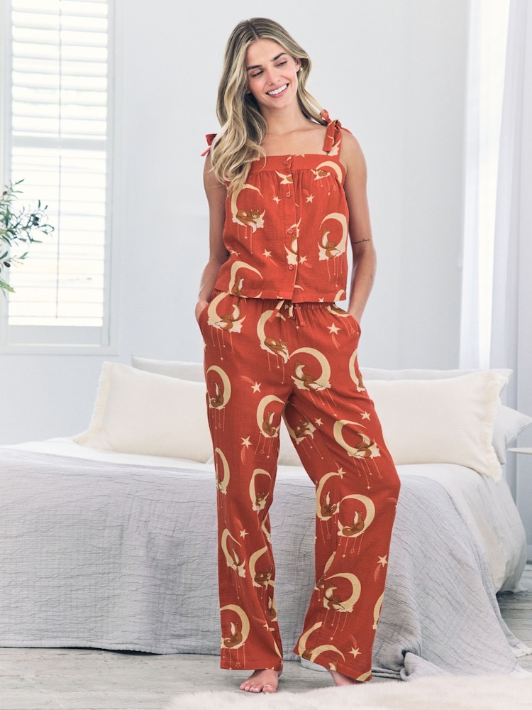 Chelsea Peers Orange Cotton Cheesecloth Lunar Foxes Cami Long Pyjamas Set - Image 1 of 5