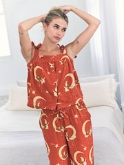 Chelsea Peers Orange Cotton Cheesecloth Lunar Foxes Cami Long Pyjamas Set - Image 3 of 5