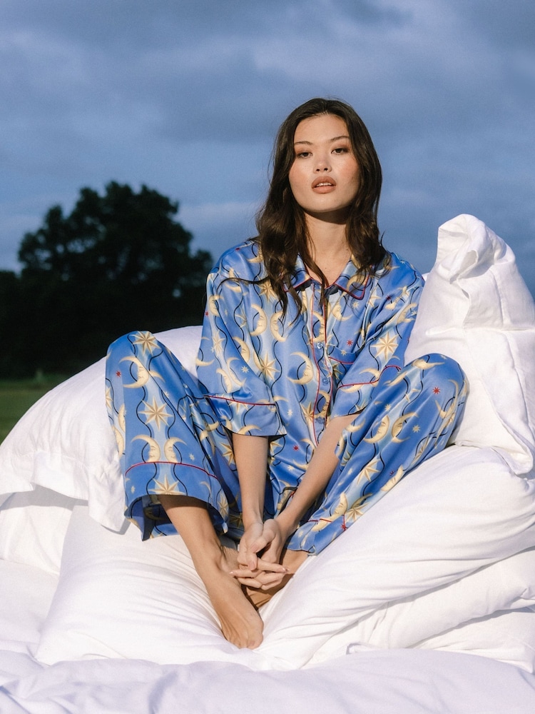 Chelsea Peers Blue Satin Tiled Moon Print Long Pyjamas Set - Image 1 of 5