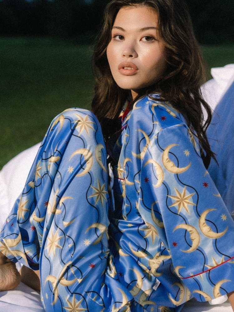 Chelsea Peers Blue Satin Tiled Moon Print Long Pyjamas Set - Image 2 of 5