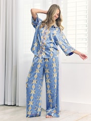 Chelsea Peers Blue Satin Tiled Moon Print Long Pyjamas Set - Image 4 of 5