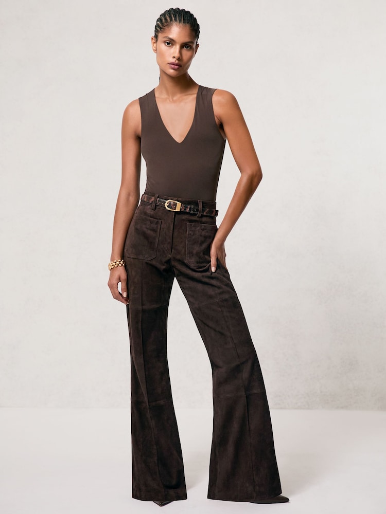 Reiss Chocolate Brown Priya Suede High-Rise Flared Trousers - Image 1 of 7
