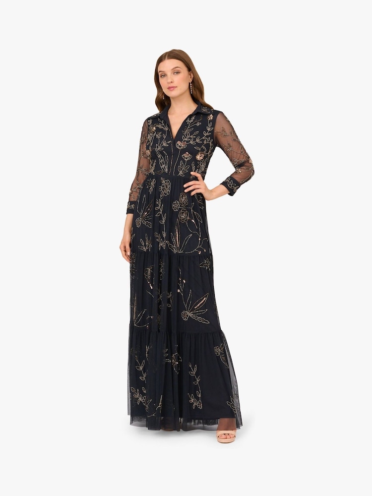 Adrianna Papell Blue Bead Mesh Long Dress - Image 1 of 6