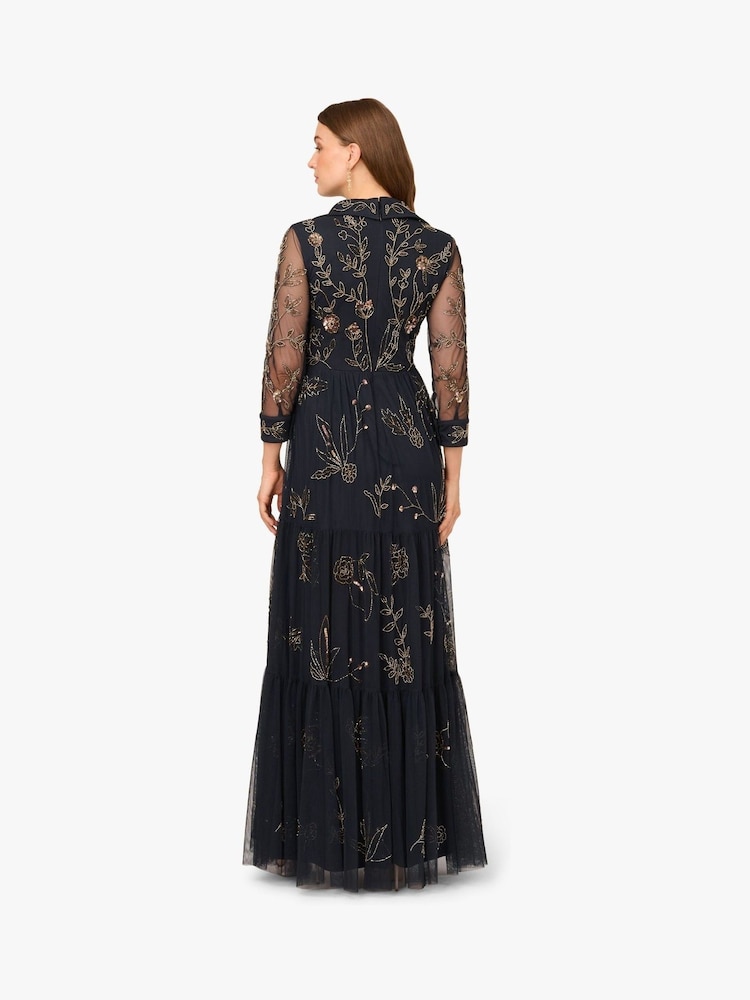Adrianna Papell Blue Bead Mesh Long Dress - Image 2 of 6