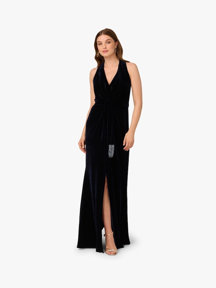 Adrianna Papell Blue Halter Draped Velvet Gown - Imagem 1 de 6