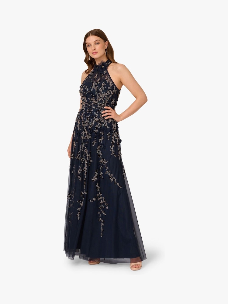 Adrianna Papell Blue Beaded Petal Long Dress - Image 1 of 6
