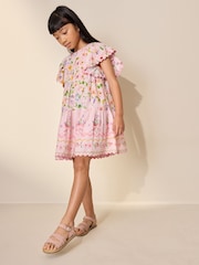 Pink Floral Print Angel Sleeve Dress (3-16yrs) - Image 1 of 3