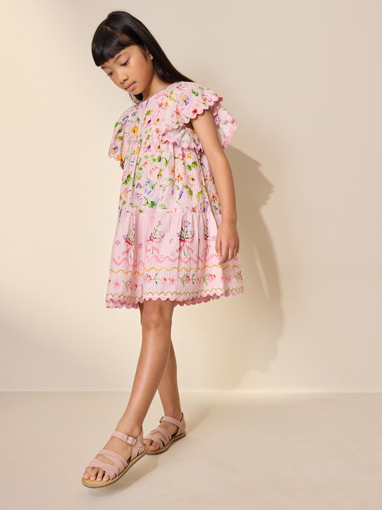 Pink Floral Print Angel Sleeve Dress (3-16yrs) - Image 1 of 3