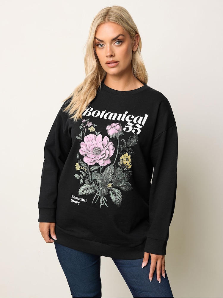 Yours Curve Black Floral Crew Neck Sweatshirt - Image 1 of 5