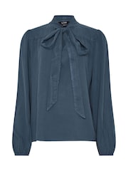 Long Tall Sally Blue Acid Wash Tie Neck Top - Image 5 of 5