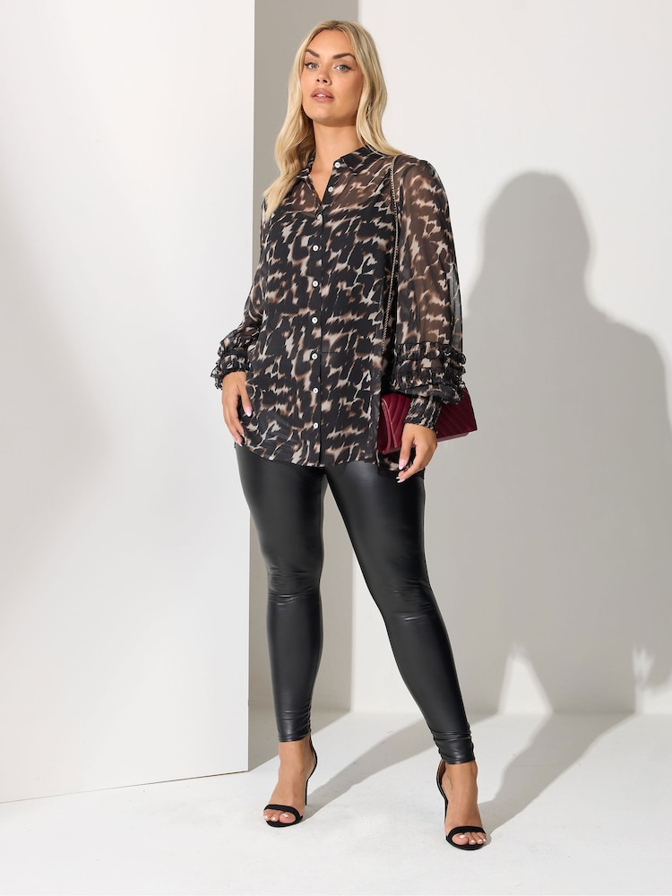 Yours Curve Brown London Cuffed Ruffle Shirt - Image 2 of 5 Yours Curve Brown London Cuffed Ruffle Shirt - Image 2 of 5