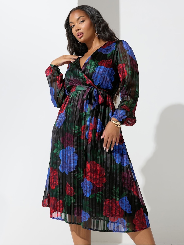 Yours Curve Black London Satin Wrap Dress - Image 1 of 5 Yours Curve Black London Satin Wrap Dress - Image 1 of 5