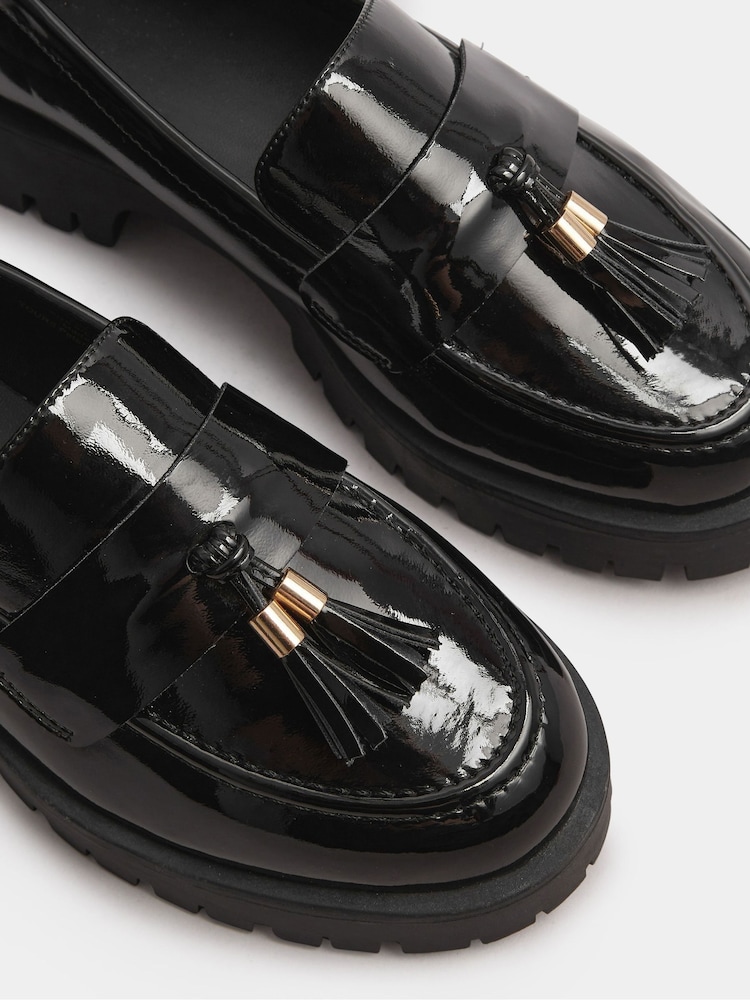 Yours Curve Black Extra-Wide Fit Tassel Patent Loafers With Gold Trim - Image 5 of 5