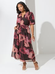 Yours Curve Red London Blurred Floral Print Puff Sleeve Short Dress - Image 1 of 5