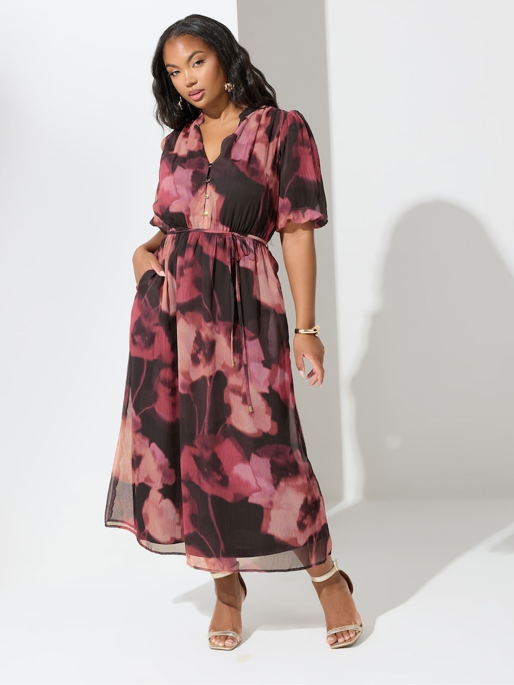 Yours Curve Red London Blurred Floral Print Puff Sleeve Short Dress - Image 1 of 5