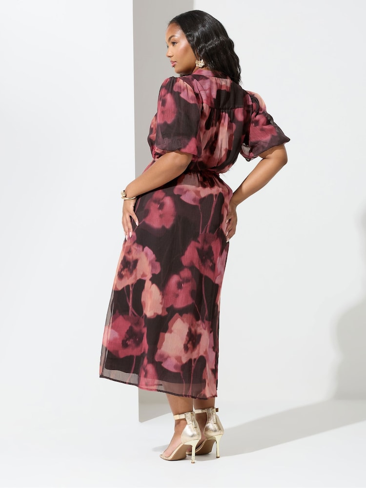 Yours Curve Red London Blurred Floral Print Puff Sleeve Short Dress - Image 2 of 5