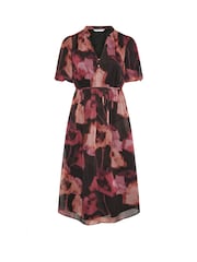 Yours Curve Red London Blurred Floral Print Puff Sleeve Short Dress - Image 5 of 5