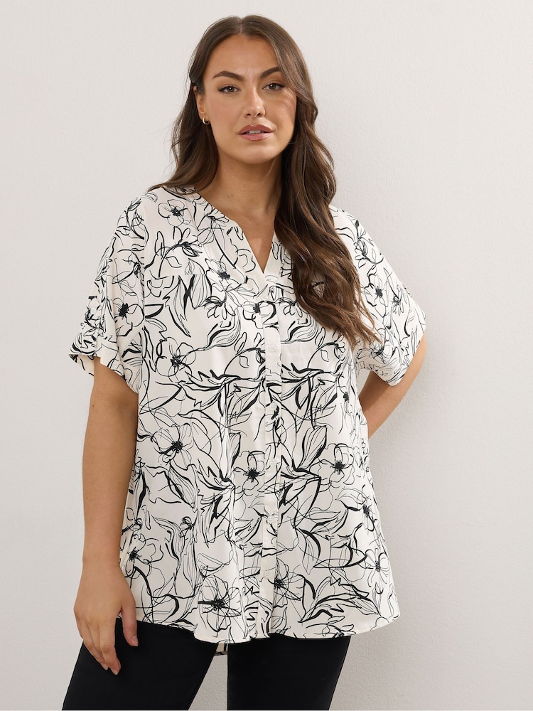 Yours Curve Cream Short Sleeve Notch Neck Top - Image 1 of 5