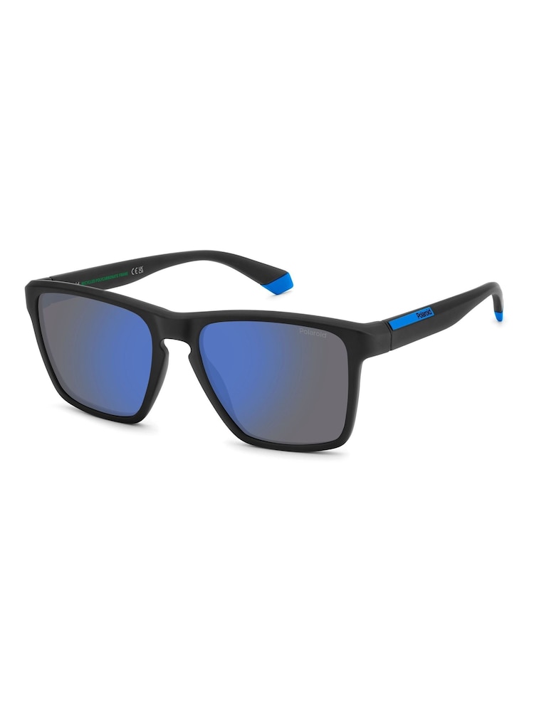 Polaroid Rectangular Sunglasses in Matte Black and Blue - Image 2 of 6