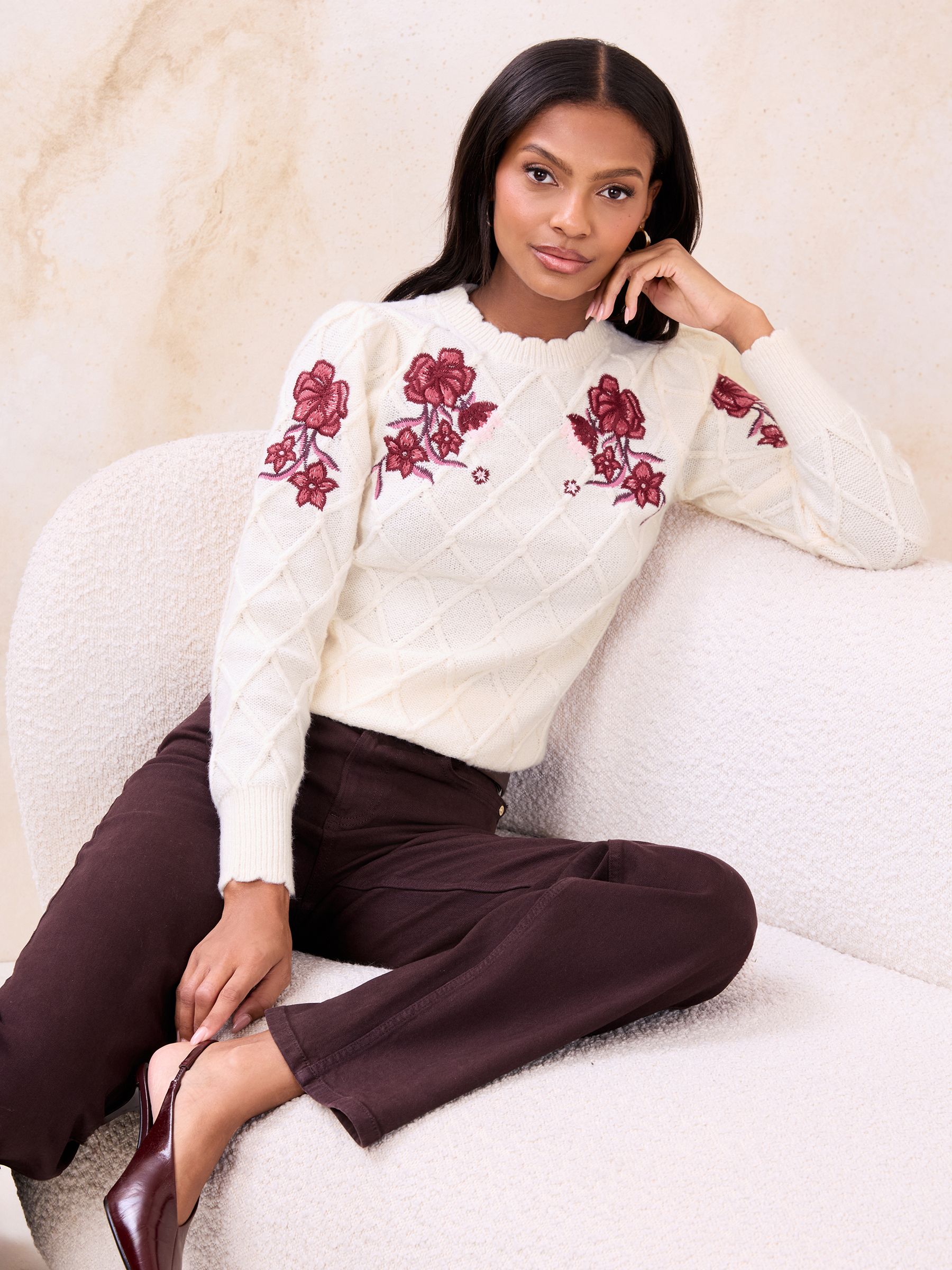 Buy Lipsy Cream Flower Embroidered Diamond Cable Knitted Jumper