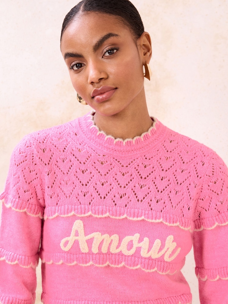 Lipsy Pink Amore Slogan Pointelle Stitch Long Sleeve Crew Neck Knit Jumper - Image 2 of 4 Lipsy Pink Amore Slogan Pointelle Stitch Long Sleeve Crew Neck Knit Jumper - Image 2 of 4