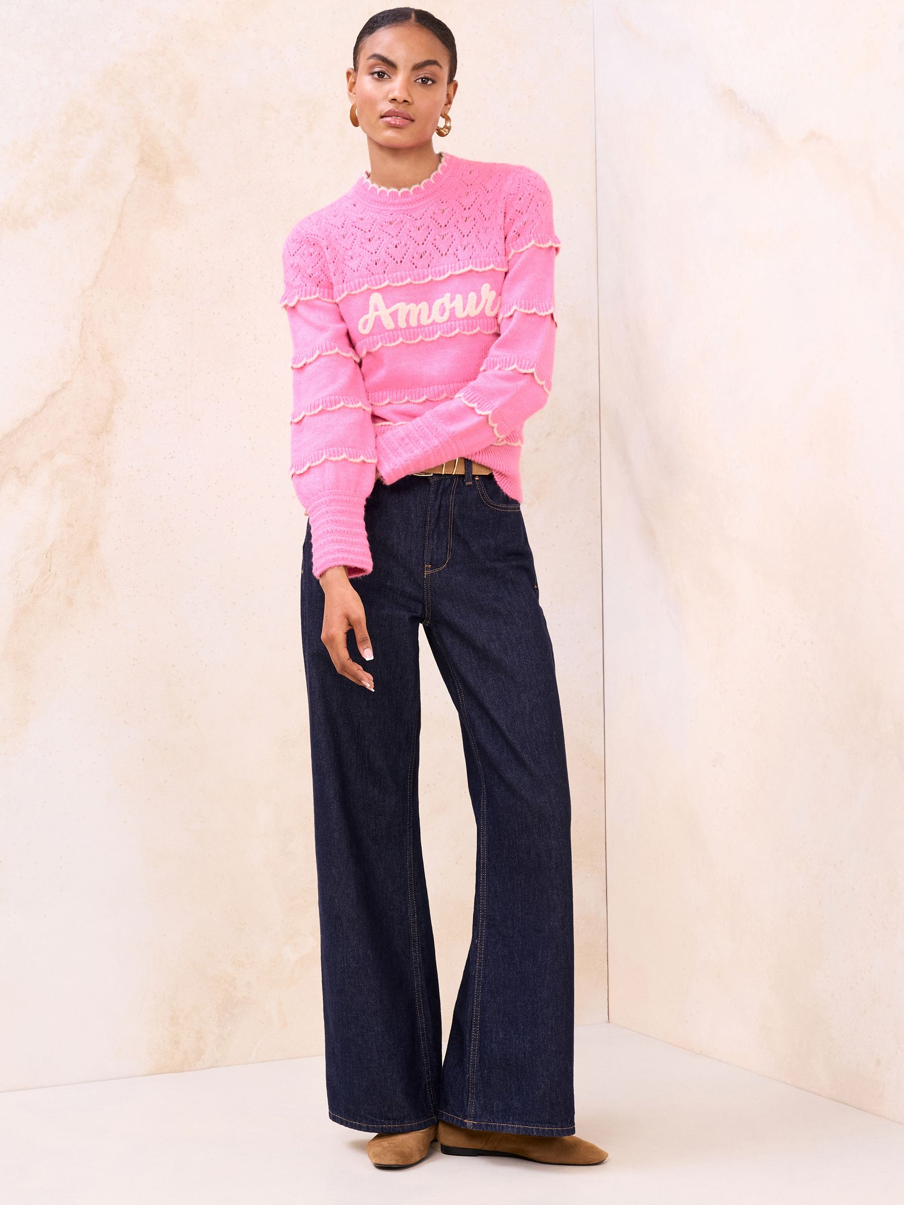 Buy Lipsy Pink Amore Slogan Pointelle Stitch Long Sleeve Crew Neck