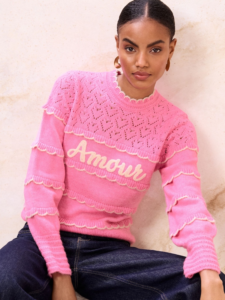 Lipsy Pink Amore Slogan Pointelle Stitch Long Sleeve Crew Neck Knit Jumper - Image 4 of 4 Lipsy Pink Amore Slogan Pointelle Stitch Long Sleeve Crew Neck Knit Jumper - Image 4 of 4